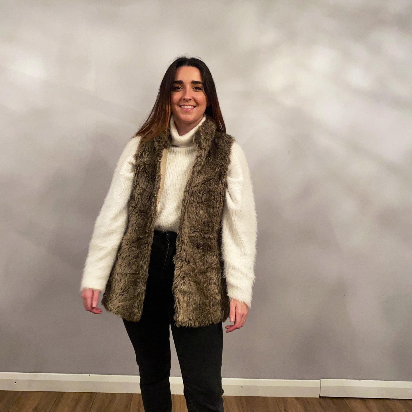 Beige faux fur vintage gilet, designer vintage