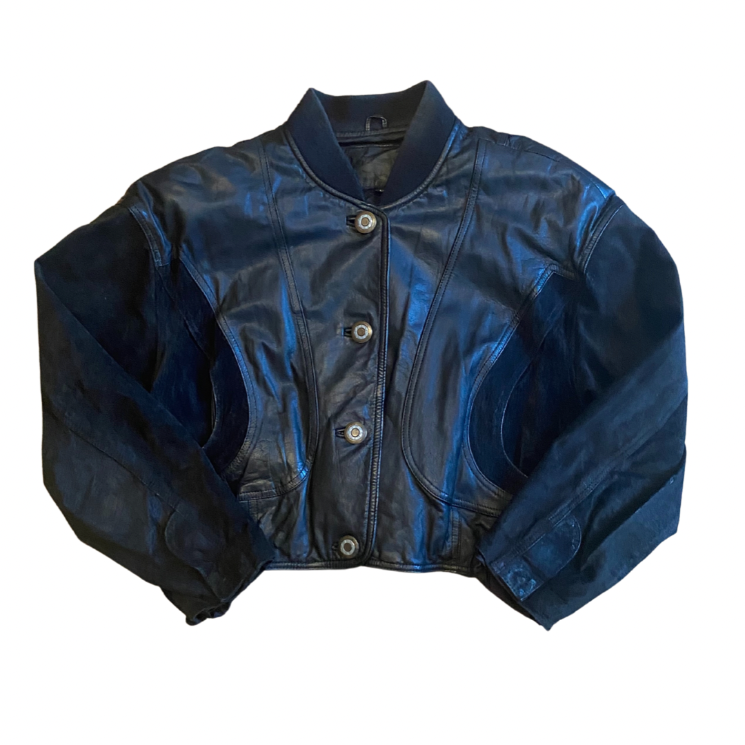 Blue Italian Leather Cropped Vintage Jacket