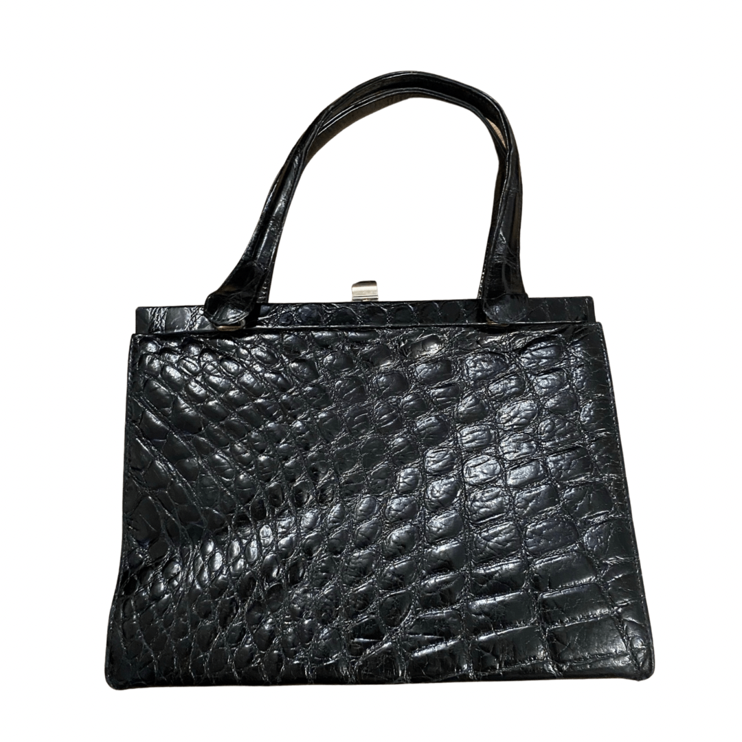 Black Leather Snake Print Vintage Handbag