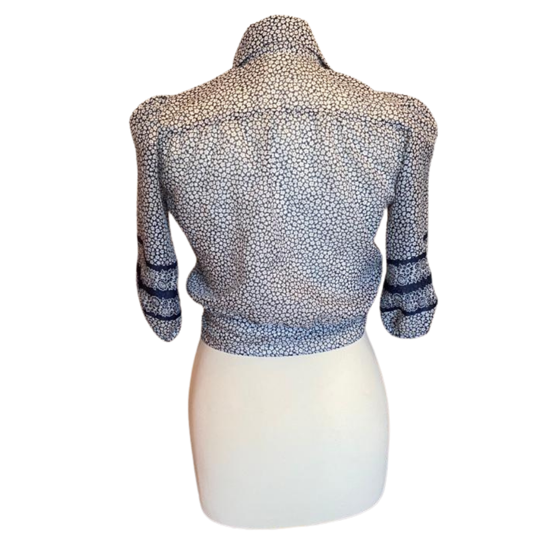 Navy White Floral Chiffon Vintage Tie Up Shirt