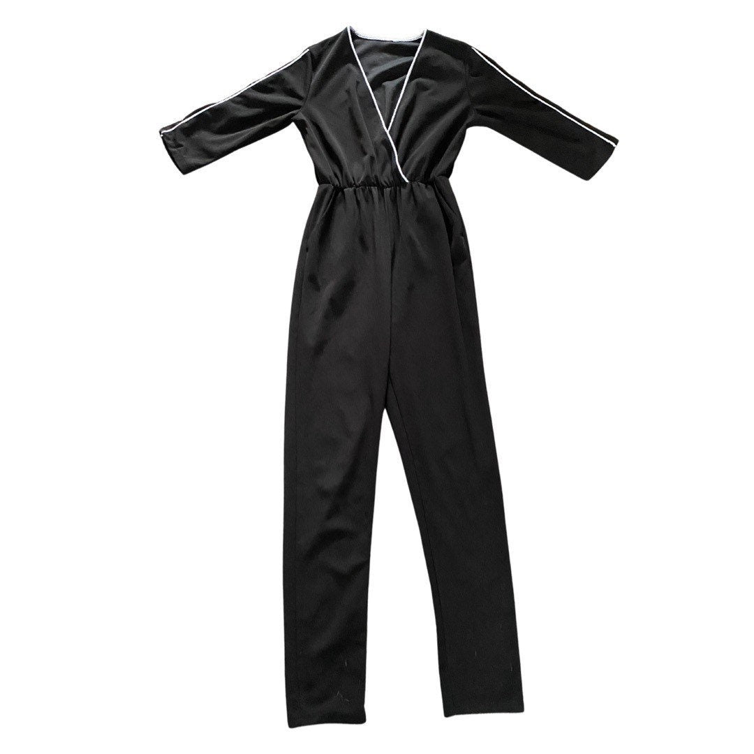 Vintage black jumpsuit with 3/4 length sleeve & white stripe detail on arms
