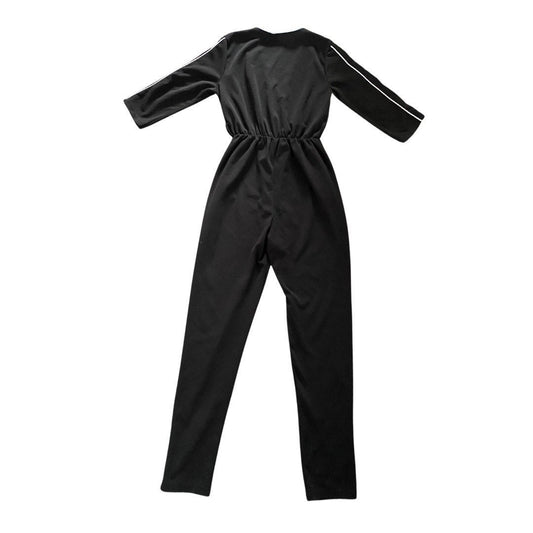 Vintage black jumpsuit with 3/4 length sleeve & white stripe detail on arms