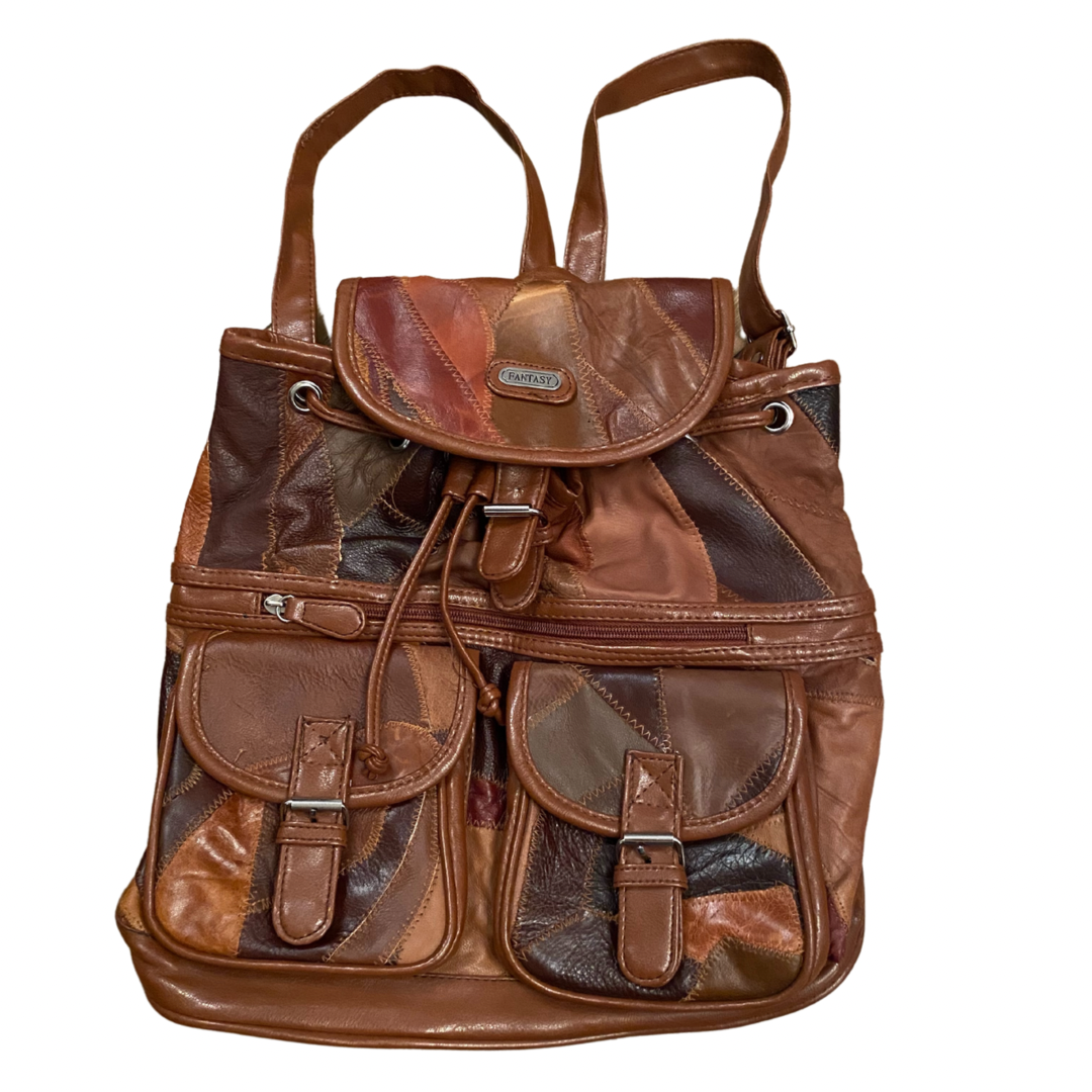 Brown Leather Mosaic Pattern Vintage Backpack