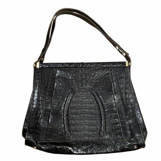 Black Leather Snake Print Vintage Handbag