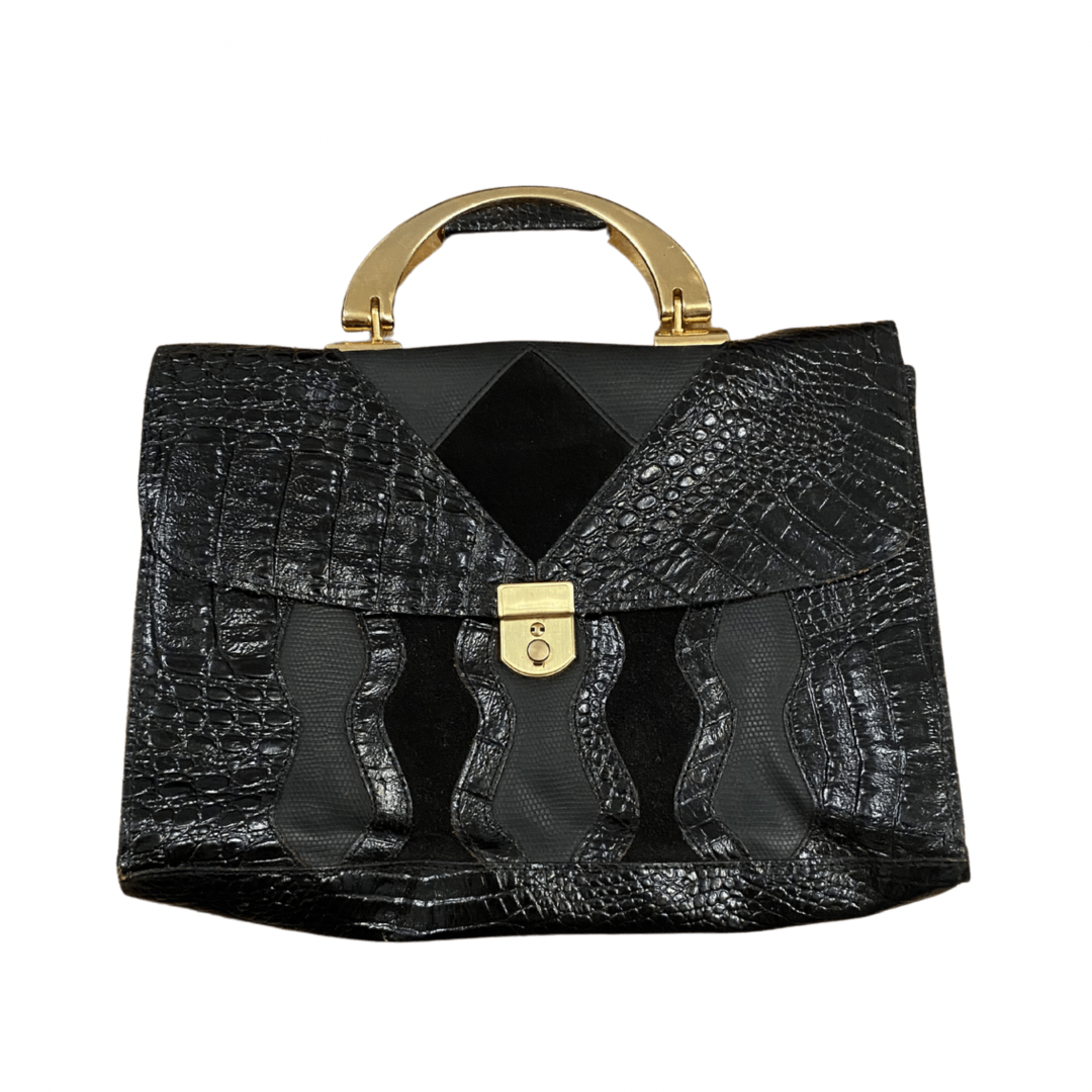 Black Leather Snake Print Vintage Satchel Handbag