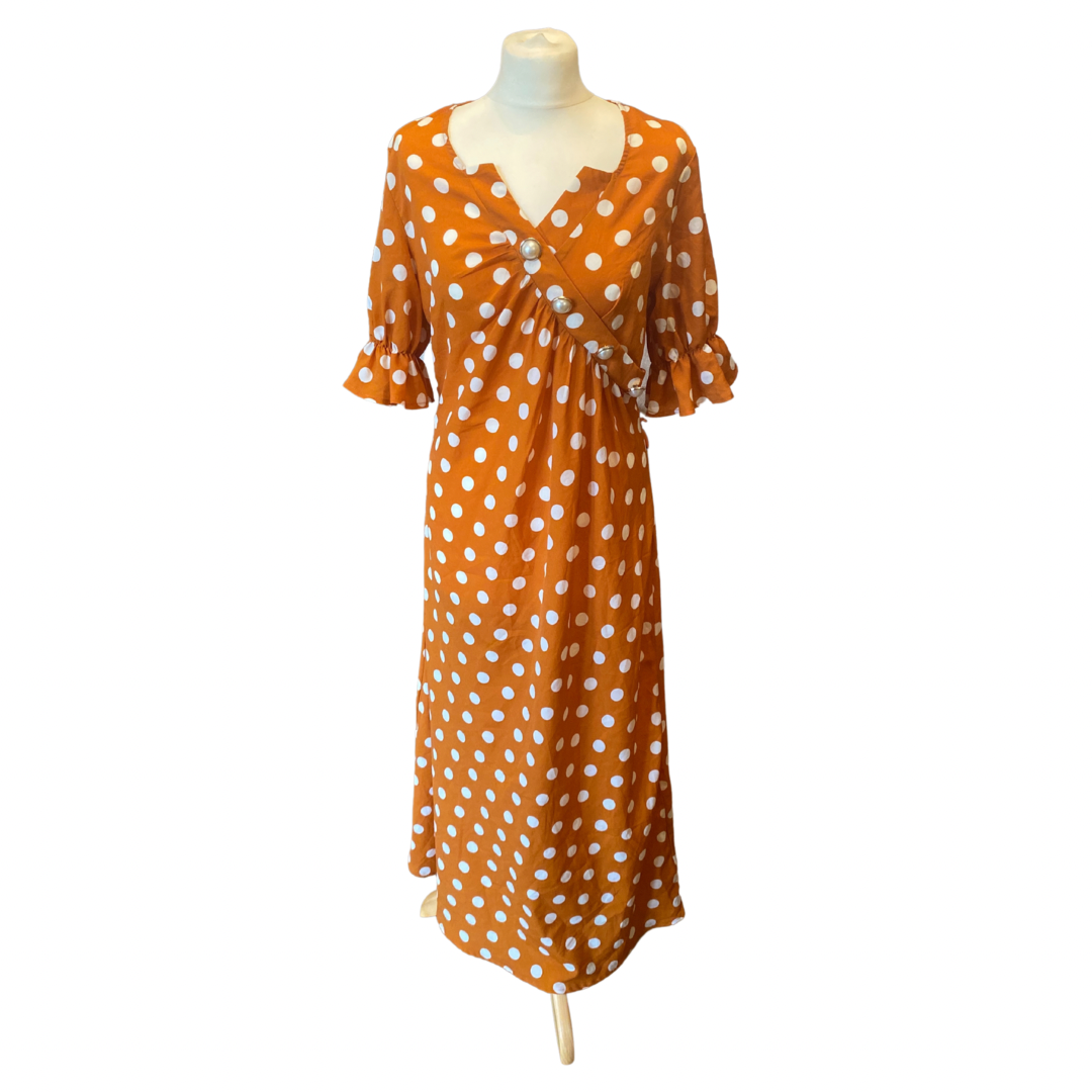 Orange Polka Dot Vintage Midi Party Dress w/ Pearl Detail