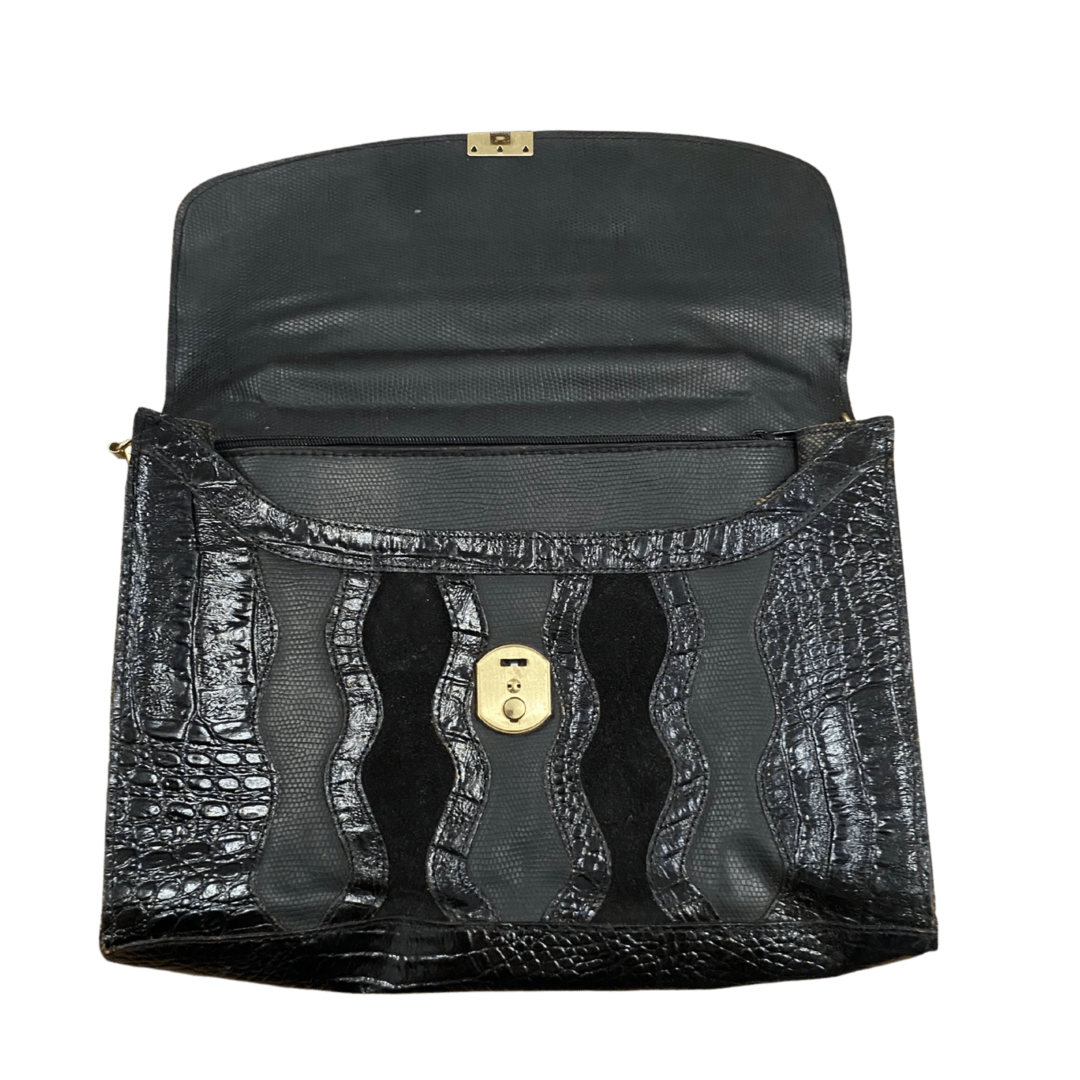 Black Leather Snake Print Vintage Satchel Handbag