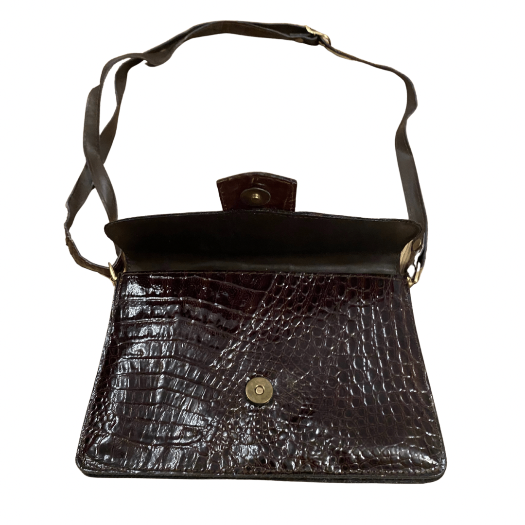 Brown Leather Snake Print Vintage Shoulder Strap Handbag