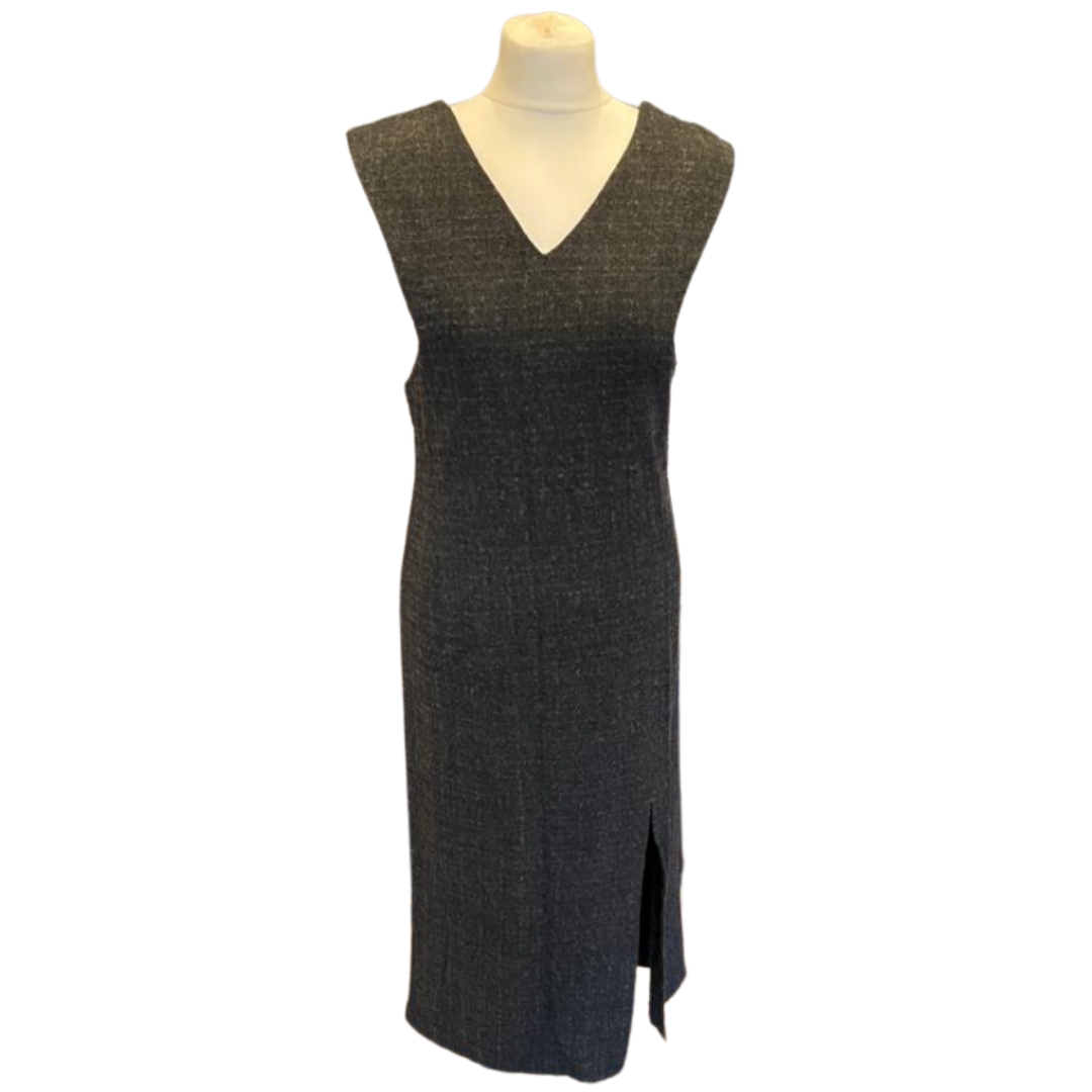 Grey Midi V-Neck Design Vintage Dress