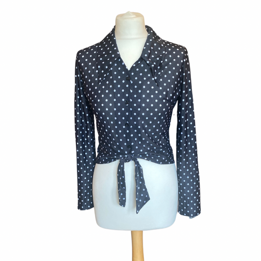Black Long Sleeve Polka Dot Vintage Tie Up Blouse